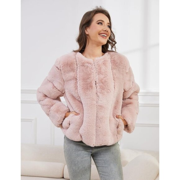 Women's Faux Fur Coat Long Sleeves Open Front Warm Winter Cropped Jacket Pink - Picture 4 of 6